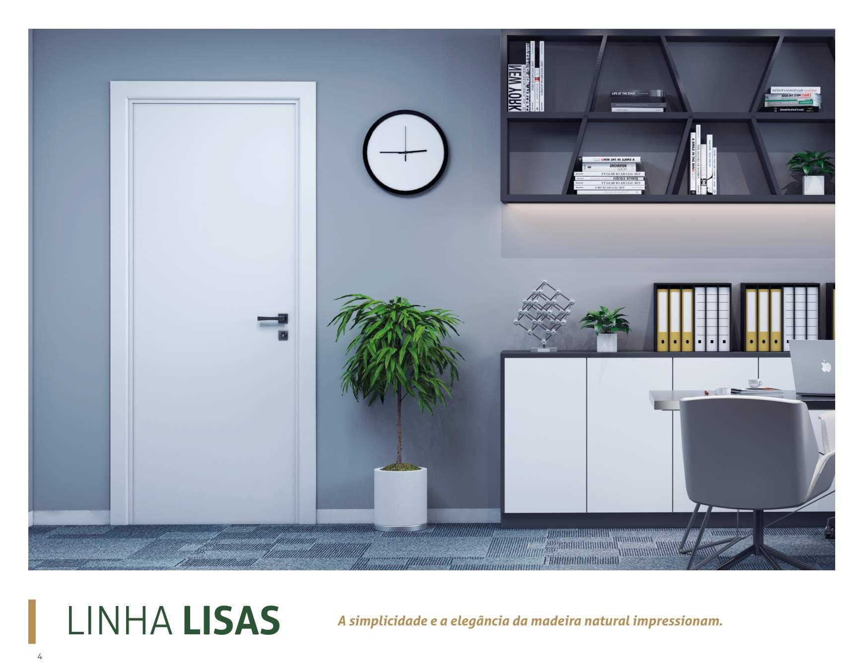Porta branca lisa com batente branco em um escritório cinza